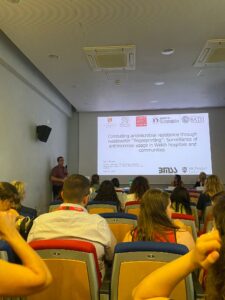 Dr. Neil Andrew Byrnes presenting his research titled "Combating antimicrobial resistance through wastewater “fingerprinting”: Surveillance of antimicrobial usage in Welsh hospitals and communities" at the 5th International Conference on Risk Assessment of Pharmaceuticals in Environment (ICRAPHE).